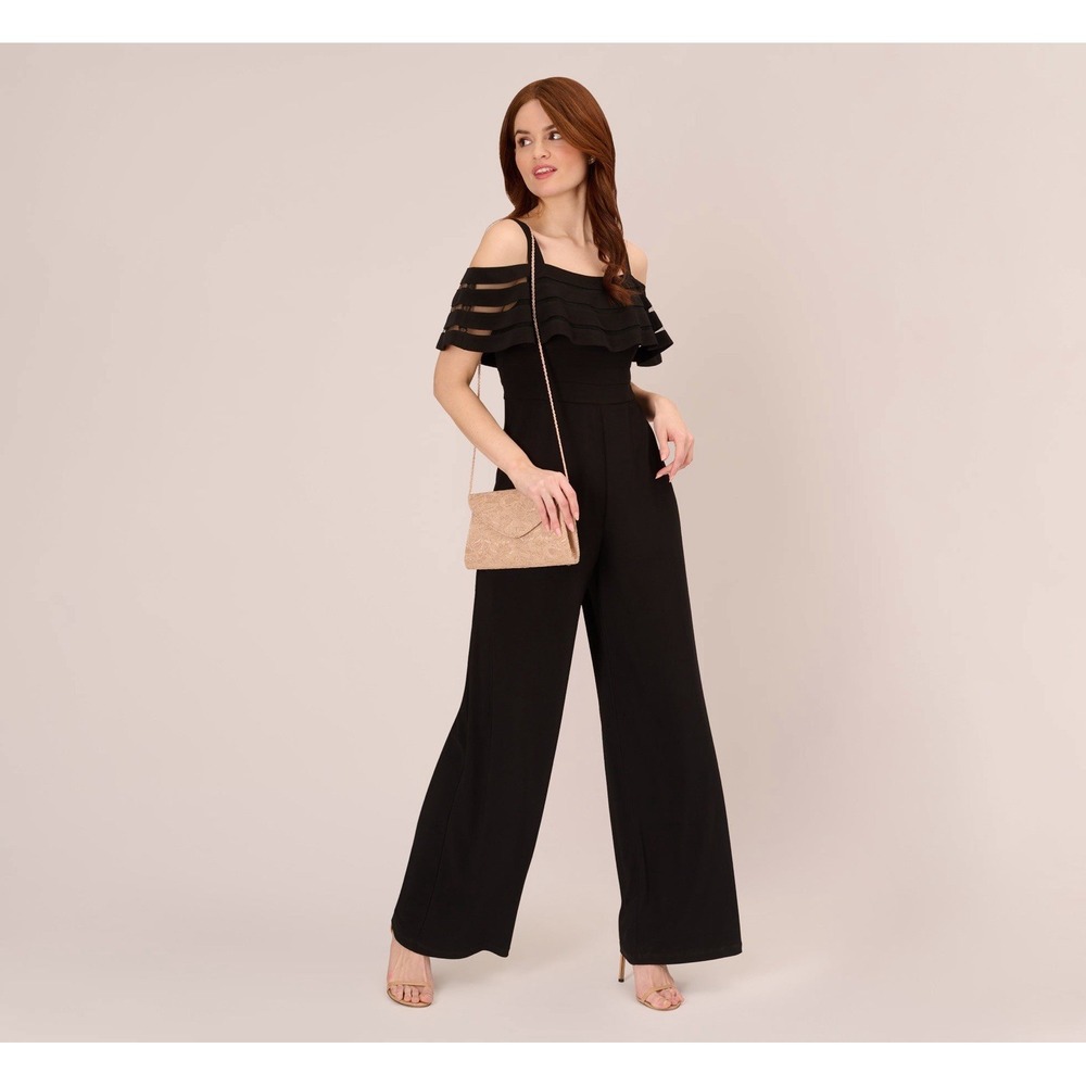Adrianna Papell NWT Jersey Banded Ruffle Jumpsuit 4 Black Off Shoulder Wide Leg